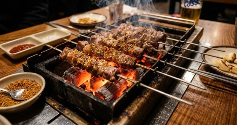 반포양꼬치 불판에 올린 양꼬치